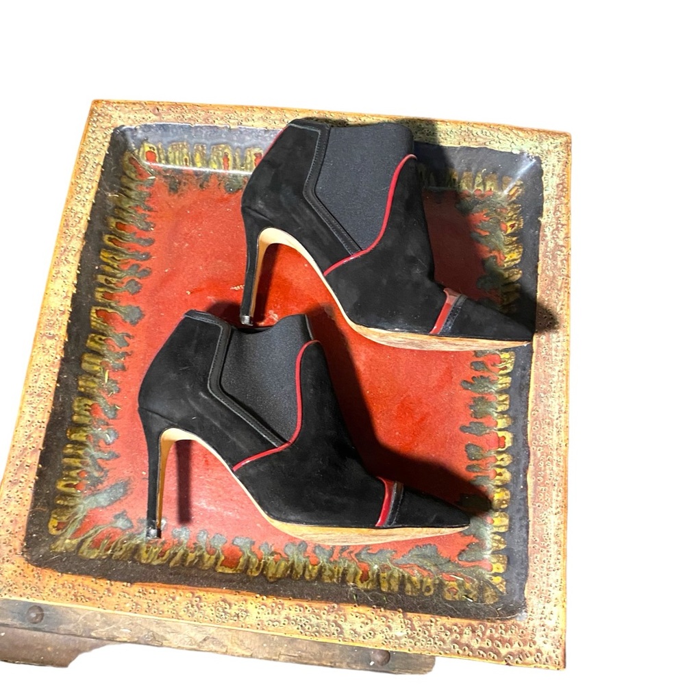 Furla booties. Black suede with red leather trim. No flaws. Some minor wear.